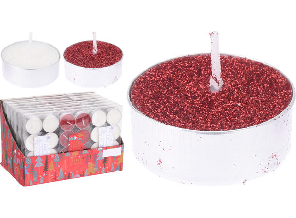 Telys røde/hvite m/glitter 8stk 2ass Display 24pk 