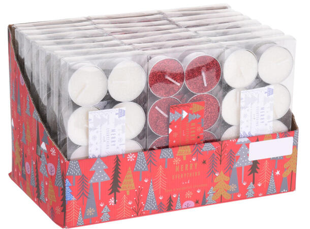 Telys røde/hvite m/glitter 8stk 2ass Display 24pk 