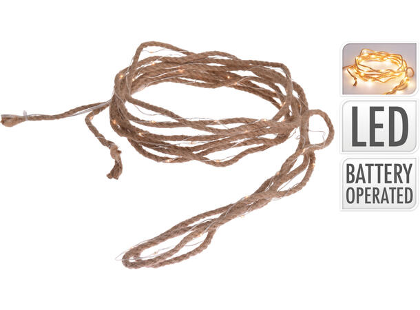 Lyslenke 50 LED varmhvit tau 5m Varm hvit farge 3xAA Batteri 