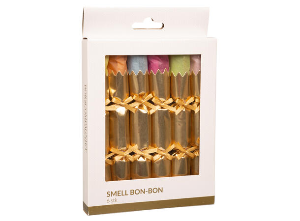 Smell bon-bon gull/ass frg med sløyfe 6 stk 15 cm lange, med knall,vits & hatt 