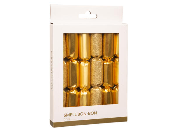 Smell bon-bon gull metallic glitter 3ass 6 stk 15 cm lange, med knall,vits & hatt 