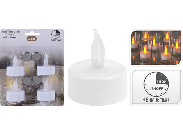 Telys LED varmgult med timer:6/18t s/4 Inkludert Batteri:4xCR2032 