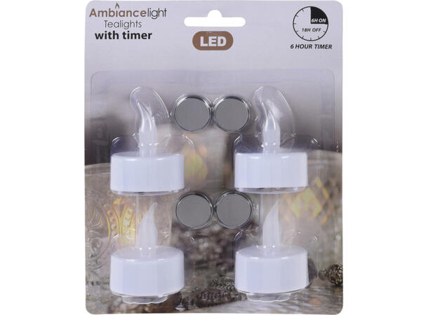 Telys LED varmgult med timer:6/18t s/4 Inkludert Batteri:4xCR2032 