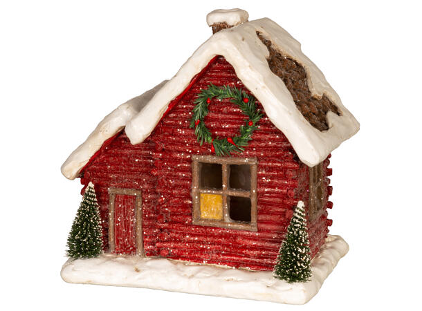 Hus jul LED rød m/snø 21x14,5x19,7cm 