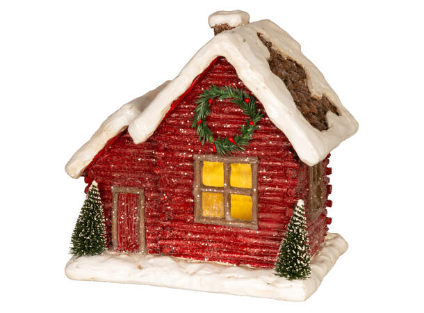 Hus jul LED rød m/snø 21x14,5x19,7cm 