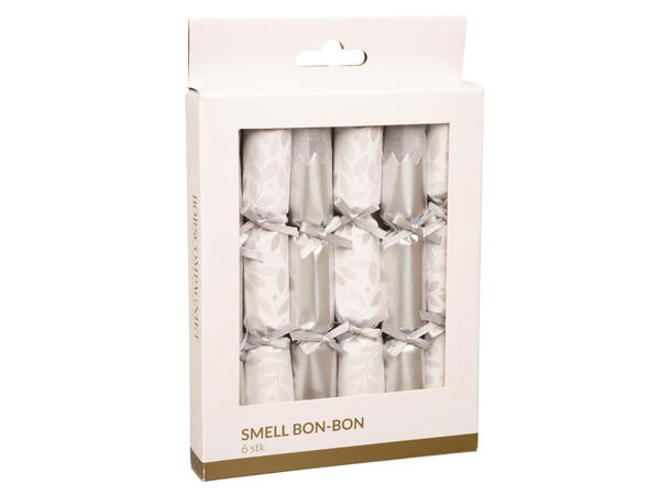 Smell bon-bon hvit/sølv med sløyfe 2ass 6 stk 15 cm lange, med knall,vits & hatt 