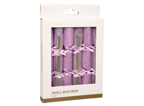 Smell bon-bon lys lilla/sølv med sløyfe 6 stk 15 cm lange, med knall,vits & hatt 