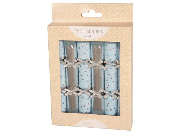 Smell bon-bon lys blå/sølv med sløyfe 2a 6 stk 15 cm lange, med knall,vits & hatt 