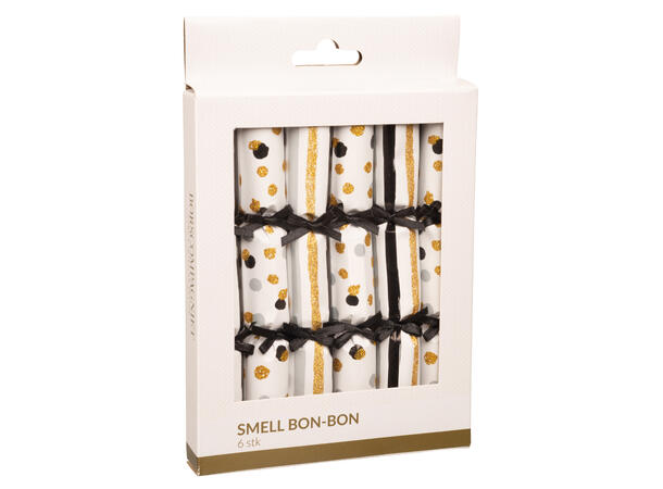 Smell bon-bon sort/sølv/gull med glitter 6 stk 15 cm lange, med knall,vits & hatt 