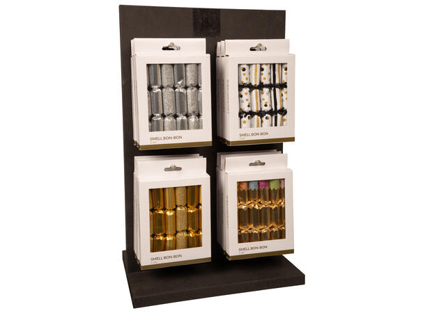 Smell bon-bon sort/sølv/gull med glitter 6 stk 15 cm lange, med knall,vits & hatt 