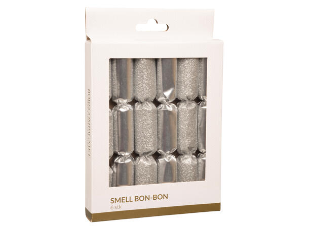 Smell bon-bon sølv 2 ass metallic 6 stk 15 cm lange, med knall,vits & hatt 