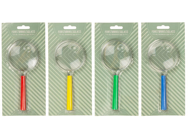 Forstørrelses glass d:7,5cm 4ass farger 2x/4x blister 