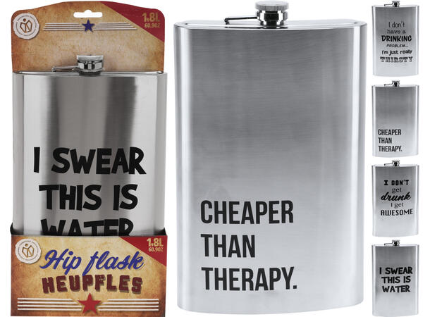 Lommelerke rustfritt stål 1,8l 4ass CHEAPER/I SWEAR/I DON'T /I DON'T HAVE 