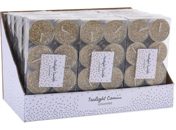 Telys gull m/glitter eske 8stk Display 24pk 
