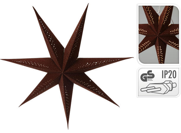 Stjerne 7 tagger papir brun m/gull velur Lyspære E14 3m ledning/Eske 