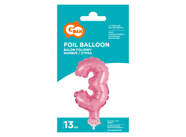 Ballong Tall 3 rosa folie 12,5cm Med pinne Til luft/helium 