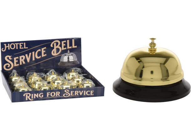 Bordklokke bjelle gull m/sort 8,5x6cm Display 12stk 