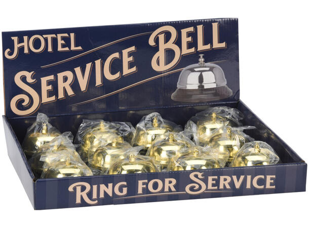 Bordklokke bjelle gull m/sort 8,5x6cm Display 12stk 