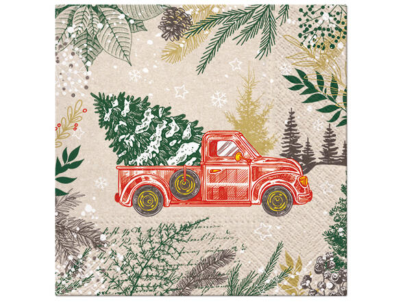 Serviett Vintage Christmas Car Økologisk Lunsjserviett 20 stk 3-lags 33x33cm 
