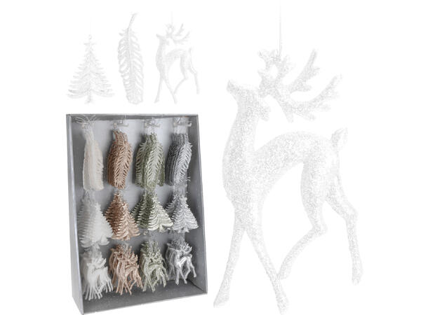 Juledekor 14-19cm hvit/amber/gull 4x3ass Kommer i display 144stk 12x12ass 