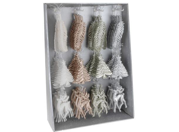 Juledekor 14-19cm hvit/amber/gull 4x3ass Kommer i display 144stk 12x12ass 