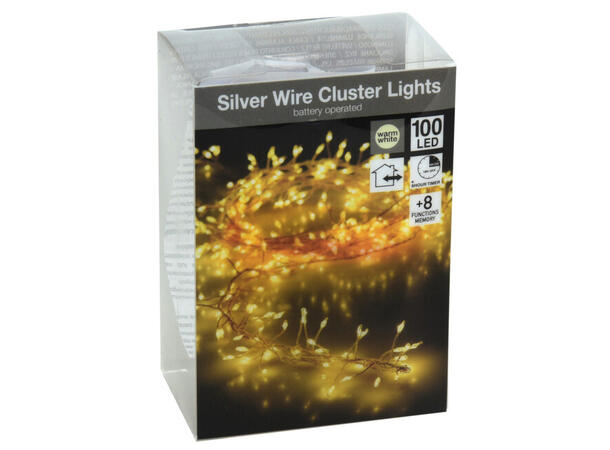 Lyslenke Cluster 100 LED varmhvite 1m 3xAA batteri timer 8 funksjoner 