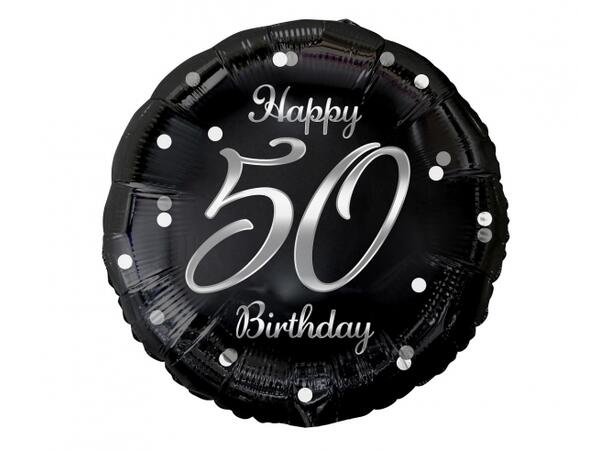 B&C Ballong Happy 50 år sort/sølv 45cm Med pinne Til luft/helium 