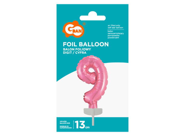 Ballong Tall 9 rosa folie 12,5cm Med pinne Til luft/helium 