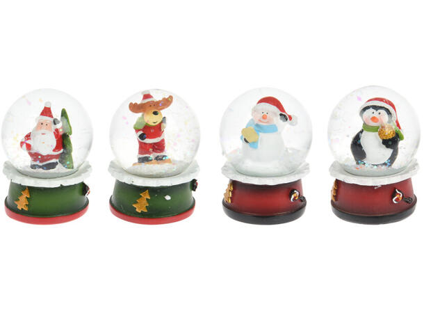 Glasskule m/snø h:6cm Julefigurer 4ass Display 12stk 