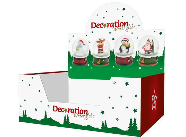 Glasskule m/snø h:6cm Julefigurer 4ass Display 12stk 