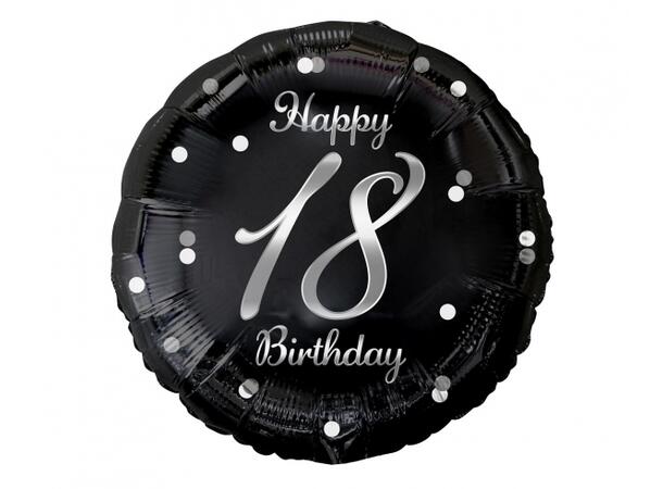 B&C Ballong Happy 18 år sort/sølv 45cm Selvlukkende folie Til luft/helium 