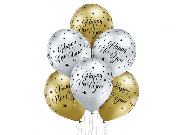 Ballong Happy Nyttår gull/sølv 30cm 6stk Luft og helium /Godt Nyttår 