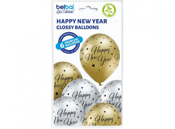 Ballong Happy Nyttår gull/sølv 30cm 6stk Luft og helium /Godt Nyttår 