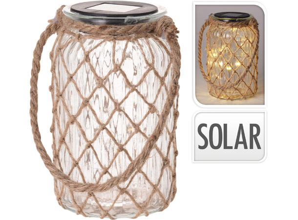Lykt Solar glass m/jute 10 LED 11x19cm Forpk 12stk 