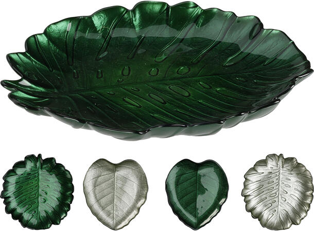 Skål blad glass 19x2cm 495gr 4 ass Forpk: 12stk Metallisk lys og mørk grønn 