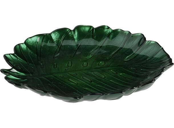 Skål blad glass 19x2cm 495gr 4 ass Forpk: 12stk Metallisk lys og mørk grønn 
