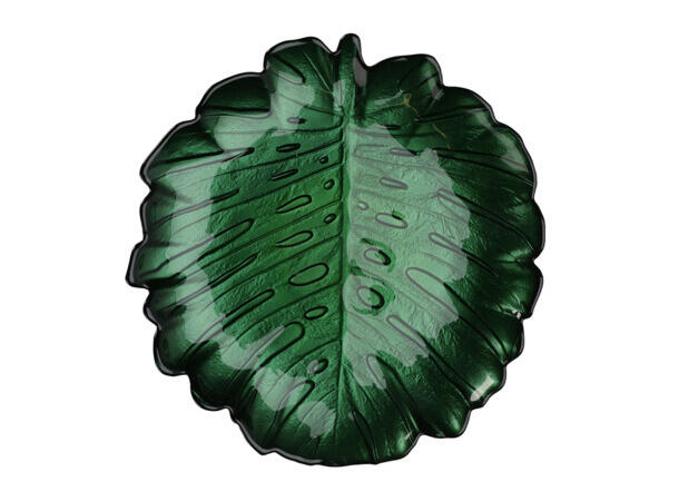 Skål blad glass 19x2cm 495gr 4 ass Forpk: 12stk Metallisk lys og mørk grønn 