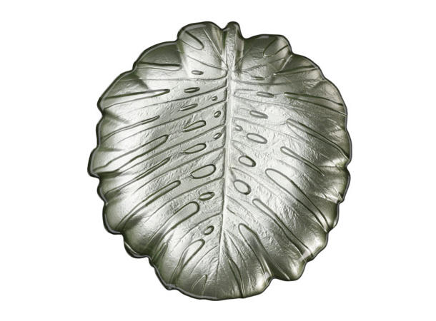 Skål blad glass 19x2cm 495gr 4 ass Forpk: 12stk Metallisk lys og mørk grønn 