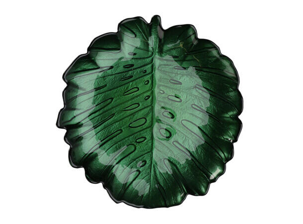 Skål blad glass 19x2cm 495gr 4 ass Metallisk lys og mørk grønn 