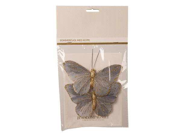 Sommerfugl m/klype grå m/gull 12cm 2stk 