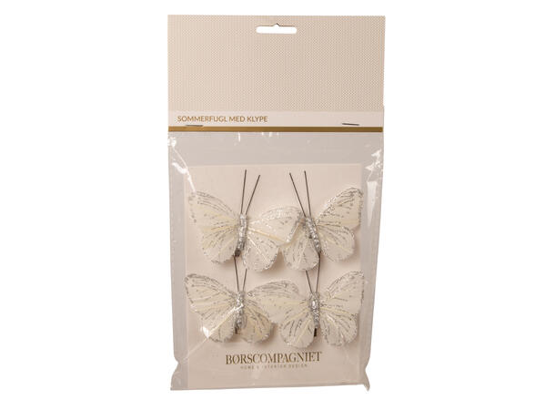 Sommerfugl m/klype hvit m/sølv 8cm 4stk 