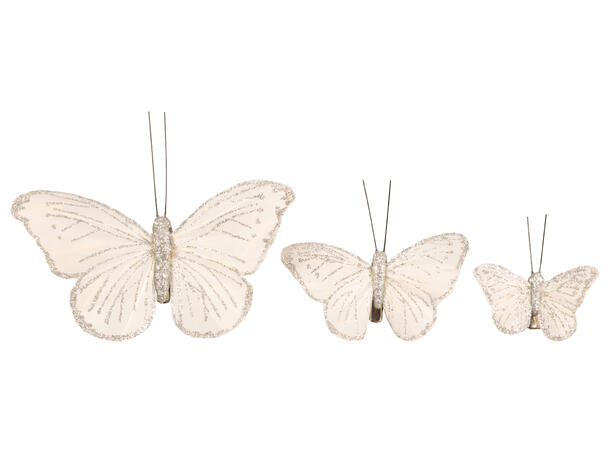 Sommerfugl m/klype hvit m/sølv 8cm 4stk 