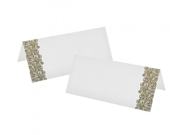 Bordkort hvit med gulldekor 9x10cm 6stk 