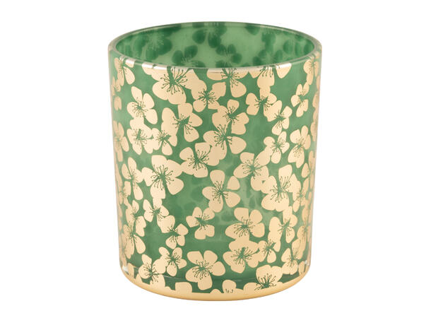 Lysglass grønn m/gullblomster 7x8cm Lysglass til telys 