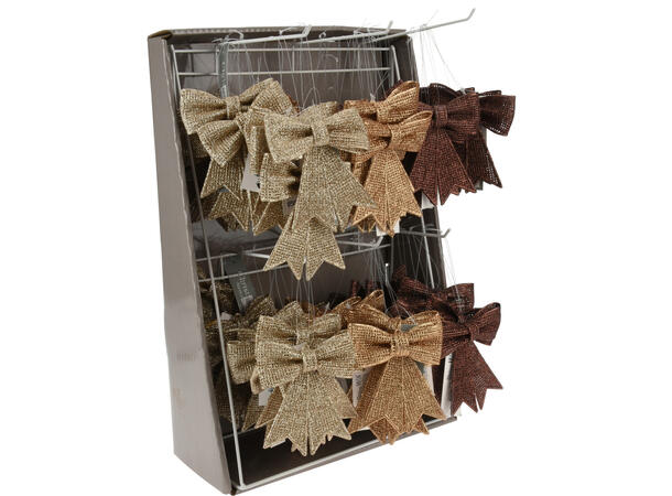 Sløyfe canvas m/gllitter 9x10,5cm 3ass Display 72stk Gull Champagne Kobber 