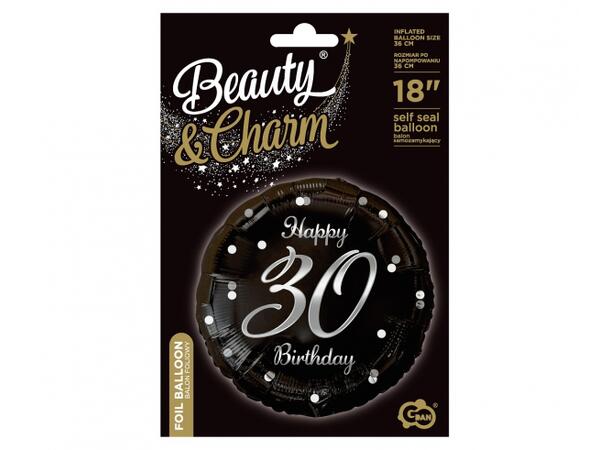 B&C Ballong Happy 30 år sort/sølv 45cm Selvlukkende folie Til luft/helium 