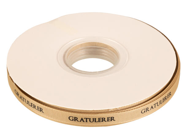 Bånd satin Gratulere beige m/sort 10mm Rull: 45 meter 