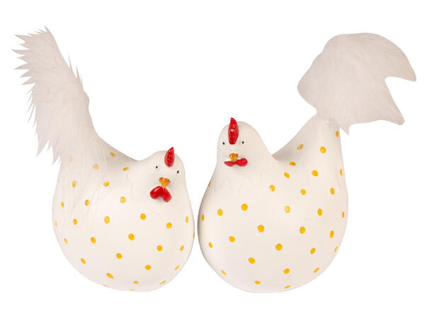 Høne hane hvit m/gule dots 9x11cm 2ass Påske 