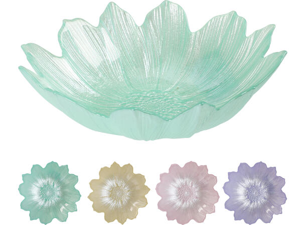 Skål blomst glass 16x4cm 4ass Forpk:16stk Rosa,gul,turkis,lilla 195gr 