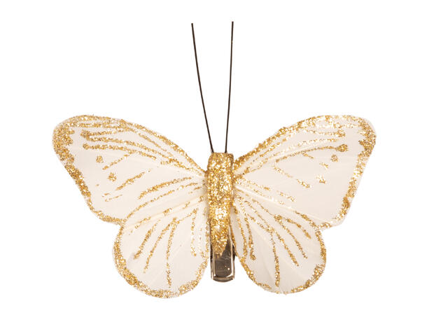 Sommerfugl m/klype hvit m/gull 8cm 4stk 